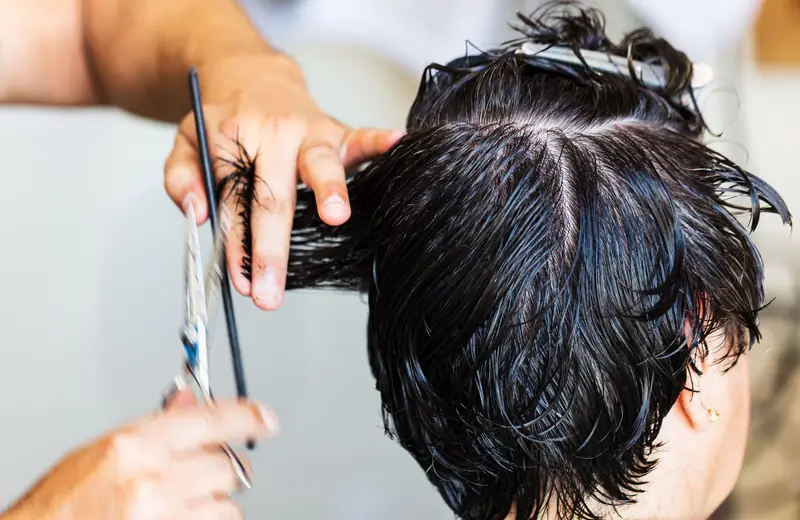 A hairdresser cutting a customer's hair